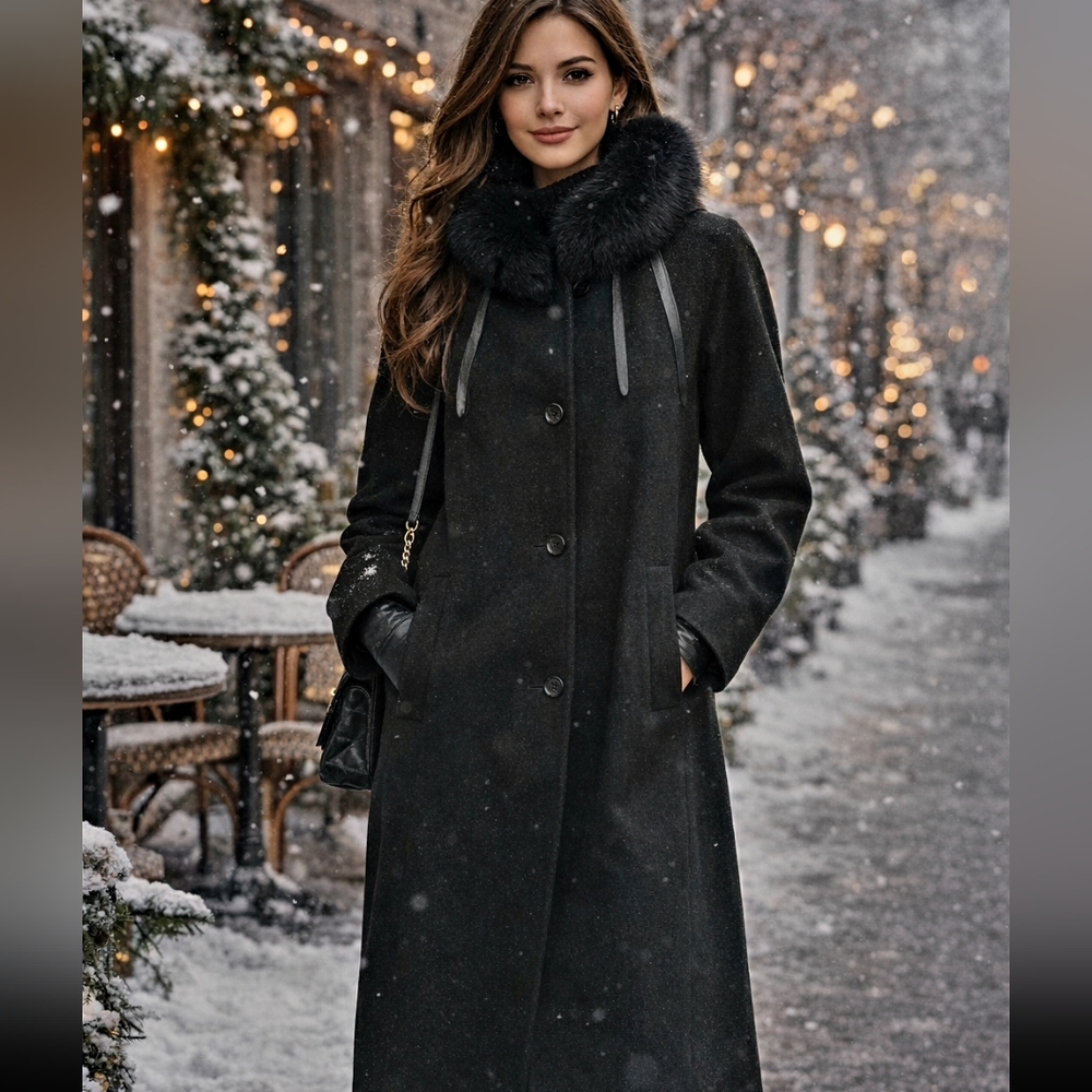 Elegant Black Trench Coat with Fur Collar